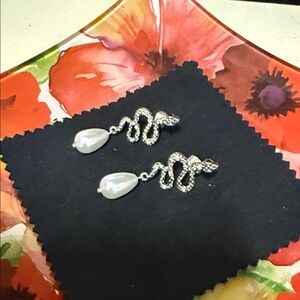 Elegant Silver Snake Earrings with Pearl Drops